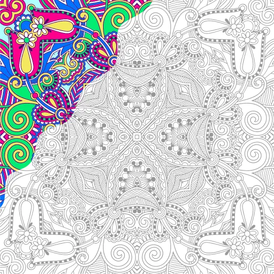A detailed colouring book page, one corner filled in with colour
