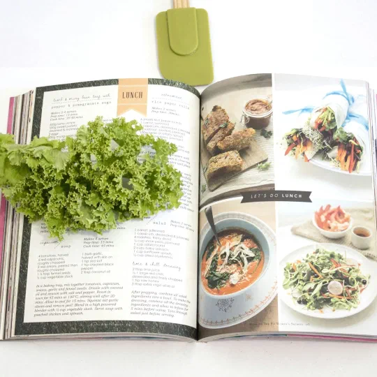 A cookbook open at a photographed recipe spread